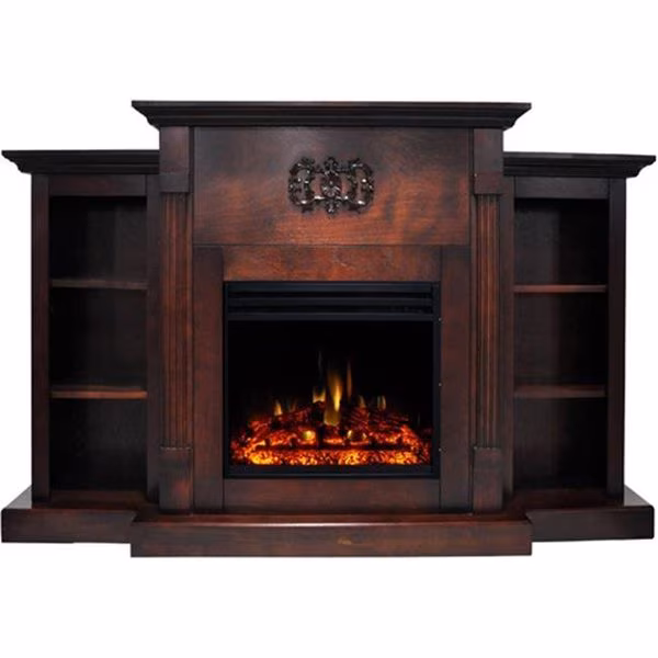 Cambridge CAM7233-1MAHLG3 Electric Fireplace Heater with 72 in. Mahogany Mantel; Bookshelves; Enhanced Multi-Color Log Display